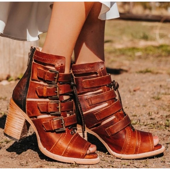 freebird Shoes - Freebird Sandals Brown Cognac Braeden Leather Peep Toe Buckle Tie Women's 7M